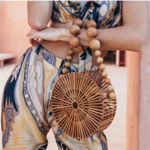 Cult Gaia Cutout Round Circle Beaded Strap Crossbody Bag NWT Natural Bamboo - Picture 2 of 16